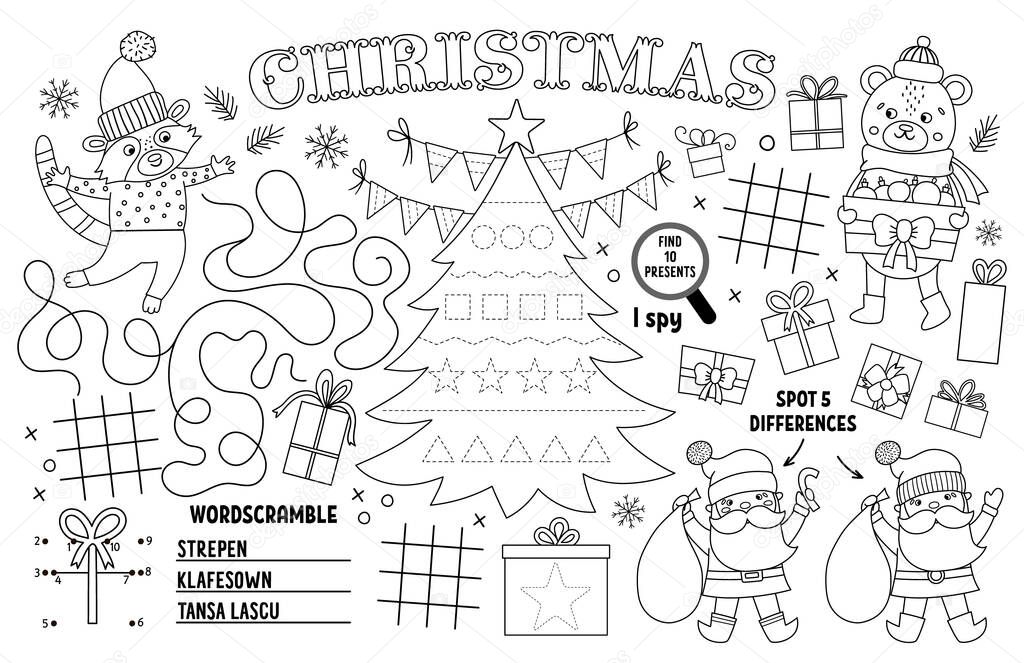 Vector Christmas placemat for kids. Winter holiday printable activity mat with maze, tic tac toe charts, connect the dots, find difference. Black and white New Year play mat or coloring pag
