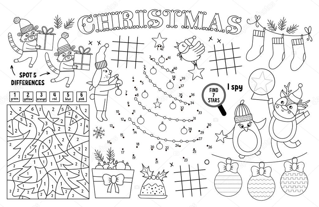 Vector Christmas placemat for kids. Winter holiday printable activity mat with maze, tic tac toe charts, connect the dots, find difference. Black and white New Year play mat or coloring pag