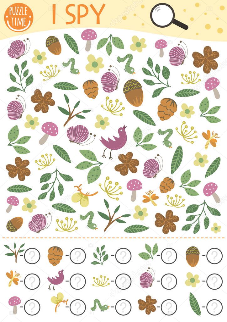 Nature I spy game for kids. Searching and counting activity for preschool children with insects, plants, flowers. Funny forest printable worksheet for kids. Simple woodland spotting puzzle
