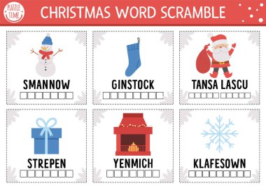 Vector Christmas word scramble activity cards. English language game with cute Santa Claus, Christmas tree, snowman for kids. Holiday winter party family quiz. Simple educational printable worksheet clipart