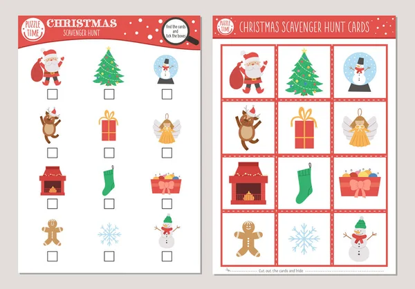 病媒圣诞节清道夫猎卡设定 寻找和寻找与可爱的圣诞老人 圣诞树 雪人为孩子的游戏 寒假搜寻活动 简单的教育可打印工作表 — 图库矢量图片