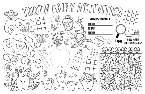 Vector Zahnfee Tischset Für Kinder Mundpflege Druckbare Aktivitätsmatte Mit Labyrinth — Stockvektor