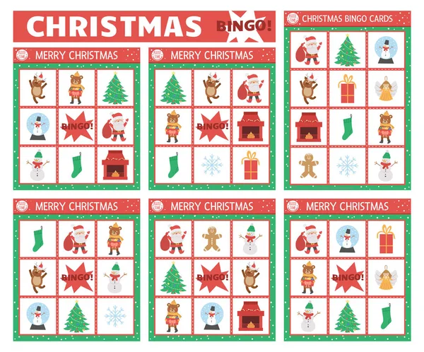 Vector Weihnachts Bingokarten Set Vorhanden Spaß Familie Lotto Brettspiel Mit — Stockvektor