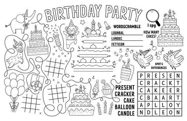 Vector Happy Birthday Placemat Kids Holiday Party Printable Activity Mat — Stock Vector