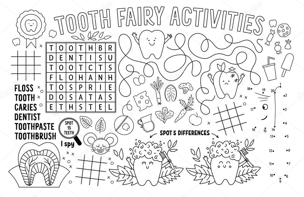Vector Tooth Fairy placemat for kids. Mouth care printable activity mat with maze, tic tac toe charts, connect the dots, find difference. Black and white dental play mat or coloring pag