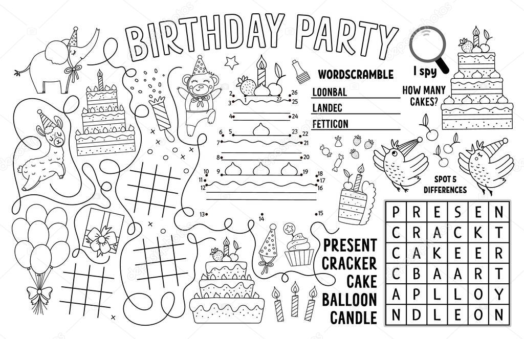 Vector Happy Birthday placemat for kids. Holiday party printable activity mat with maze, tic tac toe charts, connect the dots, find difference. Black and white play mat or coloring pag