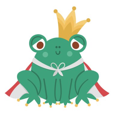 Fairy tale frog prince with crown and mantle isolated on white background. Vector fantasy animal in royal clothes. Medieval fairytale character. Cartoon magic sovereign ico vector Fairy tale frog prince with crown and mantle isolated on white background. Vector fantasy animal in royal clothes. Medieval fairytale character. Cartoon magic sovereign ico vector