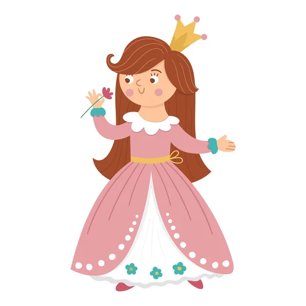 おとぎ話のベクトルプリンセスの花の香り 王冠のファンタジーガールは白い背景に隔離されています ピンクのドレスで中世のおとぎ話のメイド かわいいキャラクターと女の子漫画の魔法のアイコン — ストックベクタ