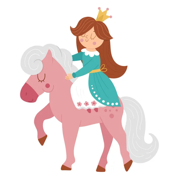 Princesa Vectorial Cuento Hadas Montando Caballo Rosa Chica Fantasía Corona — Vector de stock