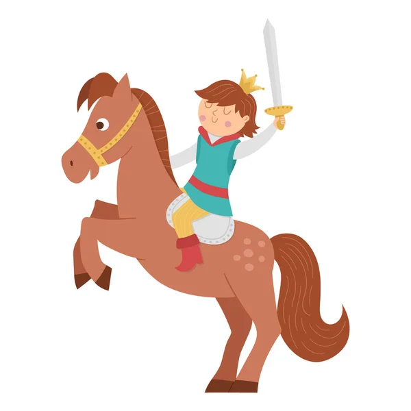白い背景に隔離されたラックの上に馬に剣を持つおとぎ話の王子 王冠のベクトルファンタジーの若い君主と戦う準備ができています 中世のおとぎ話の登場人物 漫画魔法の主権Ico — ストックベクタ