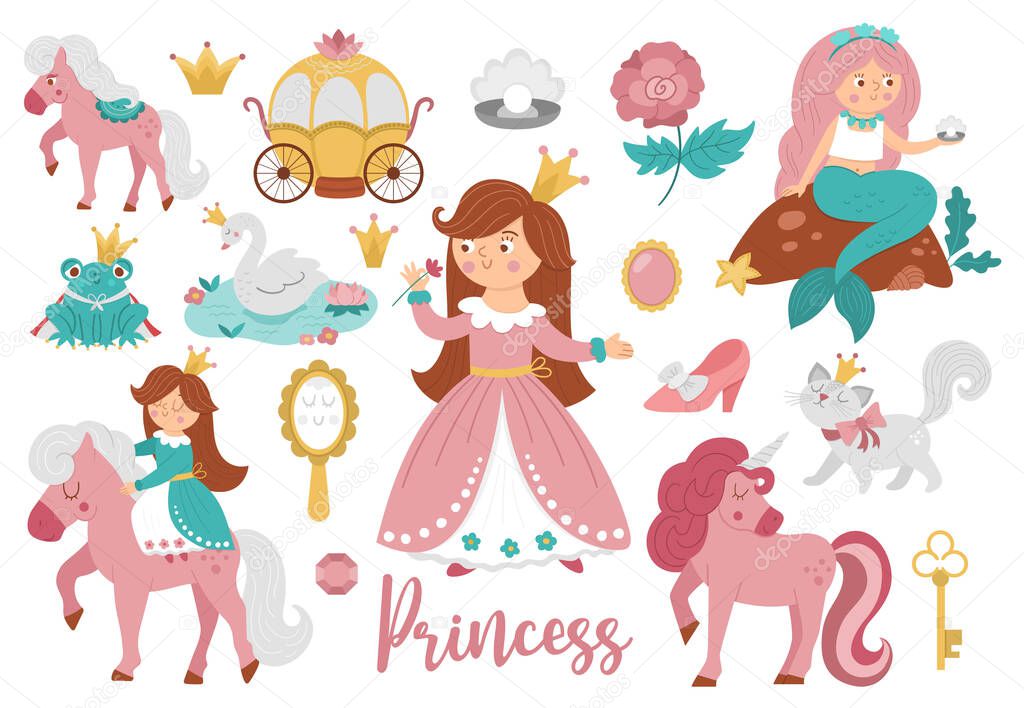 Fairy tale princess collection. Big vector set of fantasy girl, carriage, mermaid, unicorn frog prince, swan. Medieval fairytale maid pack. Girlish cartoon magic icons with cute pink objects and characters