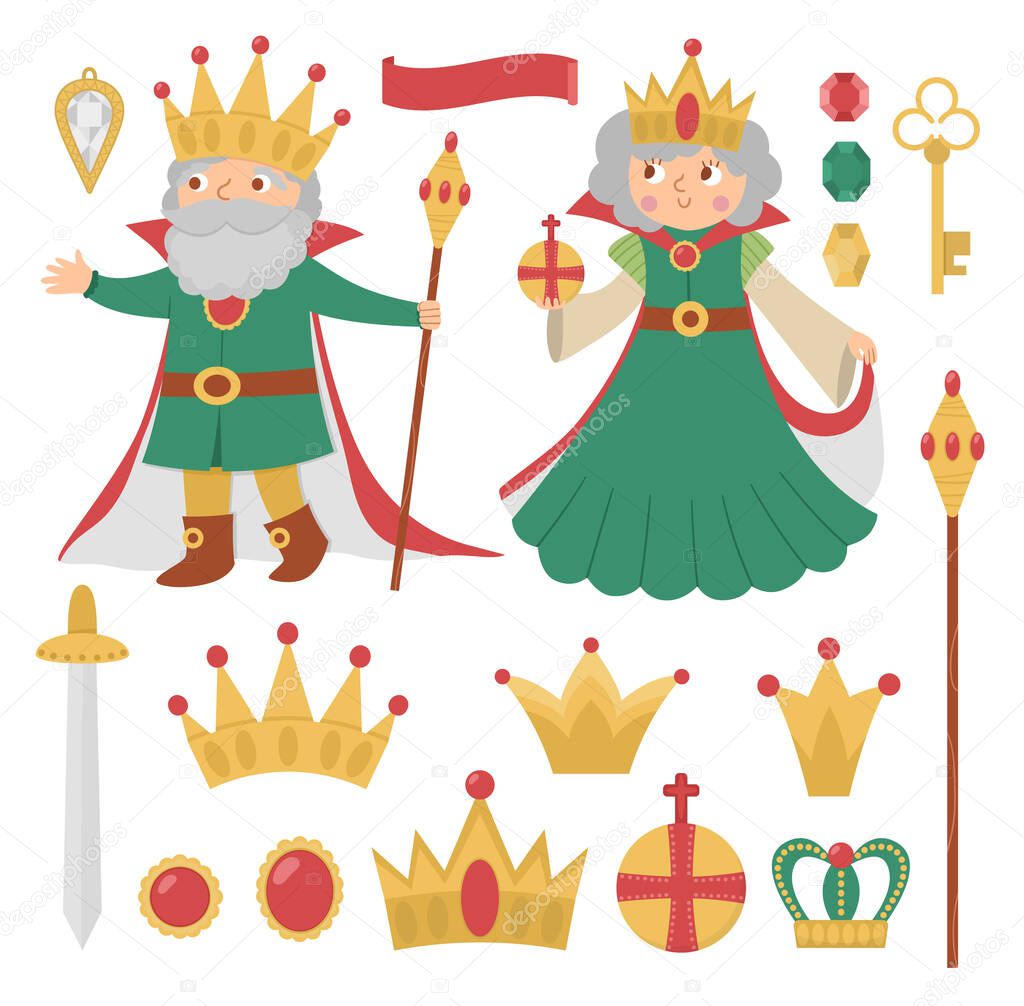 Fairy tale queen and king collection. Vector set of fantasy monarchs with crowns, sward, sovereign authority symbols. Medieval fairytale prince pack. Cartoon magic icons with cute character