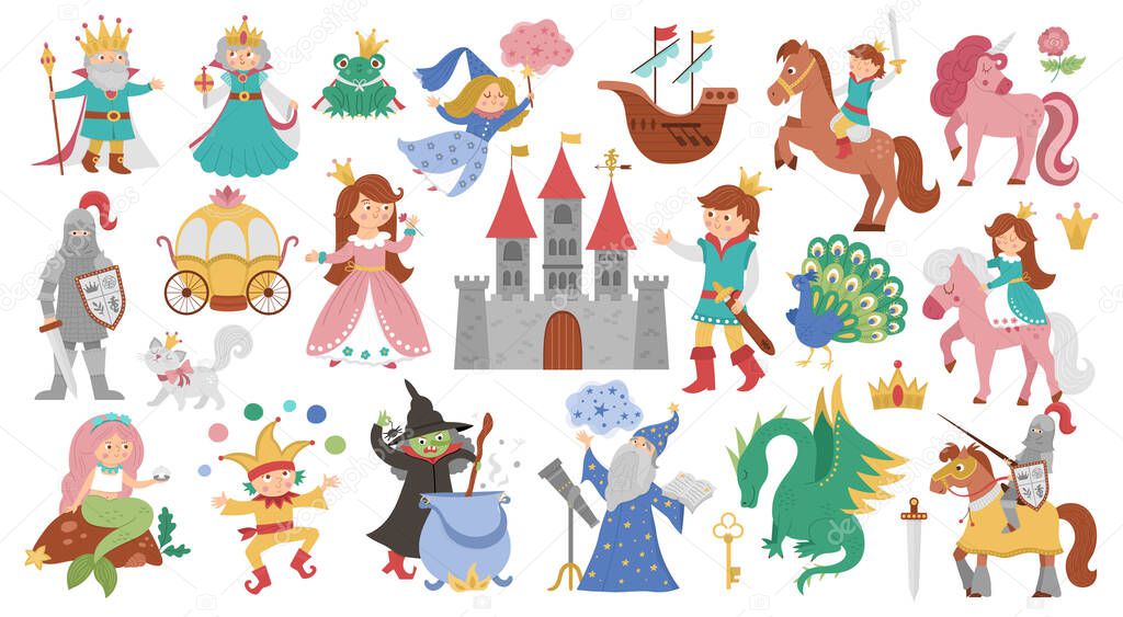 Fairy tale characters and objects collection. Big vector set of fantasy princess, king, queen, witch, knight, unicorn, dragon. Medieval fairytale castle pack. Cartoon magic icons with frog prince, mermaid