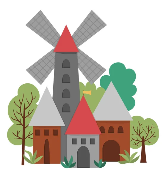 Icono Pueblo Medieval Vectorial Con Molino Viento Aislado Sobre Fondo — Vector de stock