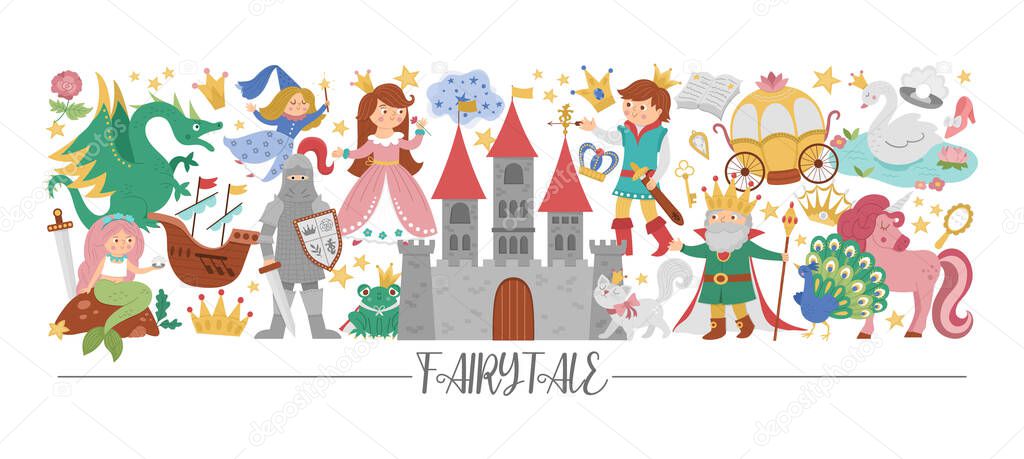 Vector horizontal border set with cute fairy tale characters and objects. Fairytale card template design with princess and prince. Cute fantasy castle or kingdom border with magic element