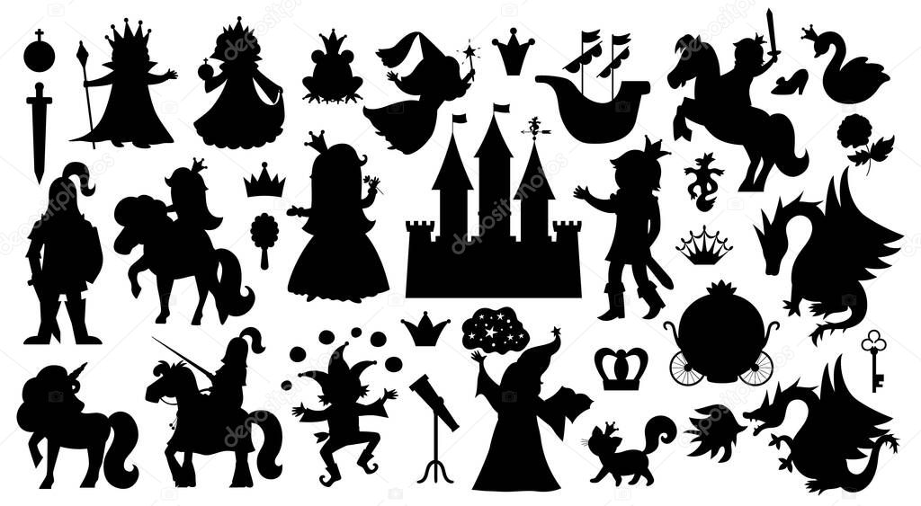 Fairy tale characters and objects silhouettes collection. Big black and white vector set of fantasy princess, king, queen, knight, unicorn, dragon. Medieval fairytale castle shadows pac