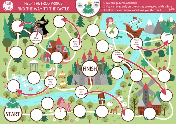 童话般的骰子棋盘游戏与中世纪的乡村地图 魔法王国的棋盘游戏儿童童话活动或可打印的工作表 帮助青蛙王子找到通往城堡的路 — 图库矢量图片