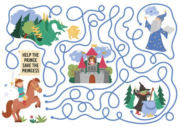 童话迷宫的孩子与幻想人物 魔法王国的学前可打印活动与巫婆 星际观赏者 童话迷宫游戏或谜语 帮王子把公主救出来 — 图库矢量图片