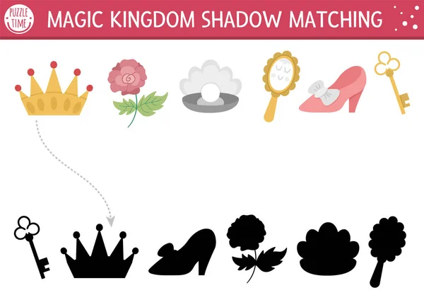靴とおとぎ話の影のマッチング活動 伝統的なシンボルで魔法の王国パズル 正しいシルエットの印刷可能なワークシートやゲームを見つける 子供のためのおとぎ話のページ — ストックベクタ