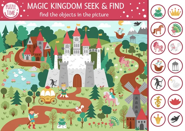 Vector Juego Búsqueda Cuentos Hadas Con Paisaje Del Castillo Medieval — Vector de stock