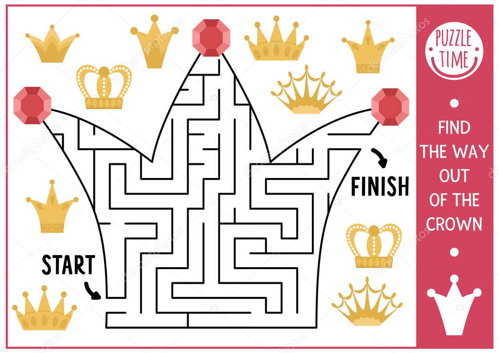 Fairytale maze for children. Magic kingdom preschool printable activity. Fairy tale geometric labyrinth game or puzzle shaped like crown. King themed page for kids. Find the way out of the crow