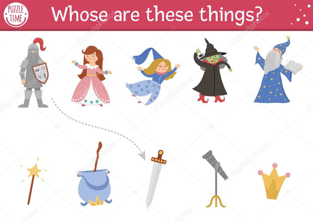 Fairytale matching activity with cute characters. Magic kingdom puzzle with knight, fairy, princess, witch, stargazer. Match the objects printable worksheet or game. Whose are these things