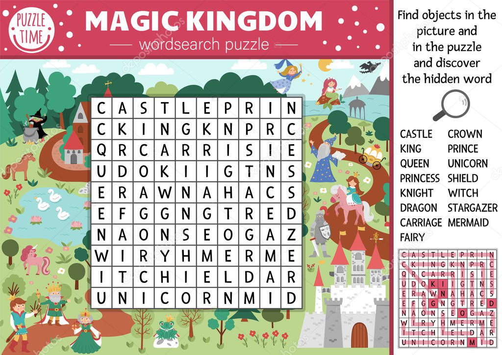 Vector fairytale wordsearch puzzle for kids. Simple magic kingdom crossword with fantasy creatures for children. Activity with knight, castle, princess, unicorn. Fairy tale cross wor