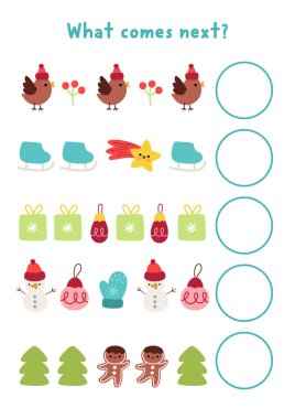 What comes next. Christmas logical activity for preschool children with cute holiday symbols. Winter logic succession worksheet. Continue the row game with star, skate, snowman, mitten, tre