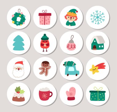 Noel Baba, Elf, ağaç, hediyeler, kar tanesi, top, ev, eldiven. Vektör Yeni Yıl vurgulama simgeleri. Etiketler, reklamlar, kış tatili sembollü sosyal medya tasarımları
