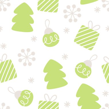 Vektör Noel kusursuz desen. Köknar ağacı, hediyeler, kar taneleri, balolar ile yeni yıl tekrarı. Çocuklar için şirin bir dijital kağıt. Geleneksel sembollü kış tatili dokusu