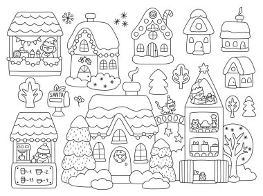 Vektör Noel siyah ve beyaz ev klipsleri ayarlandı. Çocuklar için yeni yıl ev ikonları koleksiyonu. Tatil illüstrasyonu, zencefilli ekmek kulübesi boyama sayfası, adil, Noel Baba oyuncak masalı.