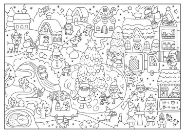 Siyah-beyaz Noel köyü manzarası. Noel Baba, Elf, Geyik, Ağaç, Ev, Kardan Adam, Fuar. Hoş bir kış tatili geçmişi, Ki için boyama sayfası