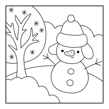 Siyah-beyaz bir Noel köyü manzarası. Yılbaşı gecesi sahnesinde kardan adam, ağaç, kar tarlası. Şenlikli kış tatili geçmişi, çocuklar için boyama sayfası