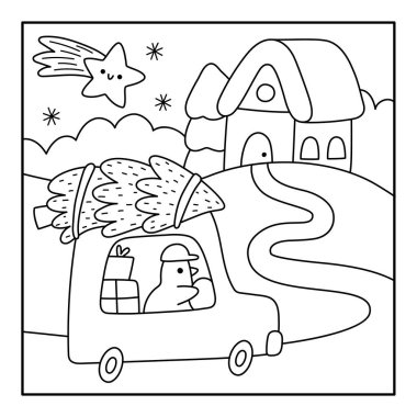 Siyah-beyaz bir Noel köyü manzarası. Yılbaşı gecesi sahnesi. Eve çam ağacıyla kuş sürücüsü, hediyeler. Çocuklar için şenlikli kış tatili boyama sayfası