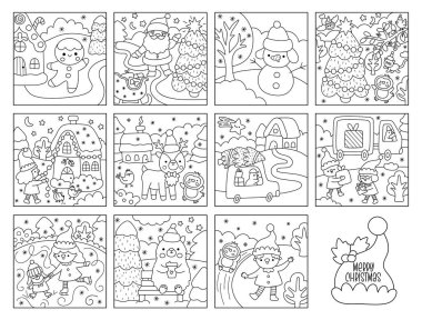 Siyah-beyaz vektör Noel köyü manzaraları. Noel Baba, elfler, hayvanlar ve kuşlarla yeni yıl koleksiyonu. Çocuklar için kış tatili renkli sayfa paketi