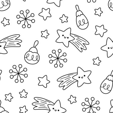 Siyah ve beyaz, kusursuz Noel deseni. Yeni yıl arka planında kayan yıldızlar, kar taneleri, renkli toplar var. Çocuklar için dijital sayfa boyama kağıdı. Kış tatili metni