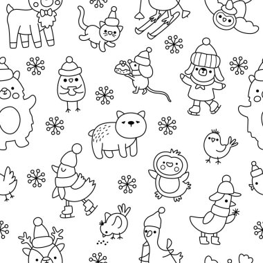 Siyah ve beyaz, kusursuz Noel deseni. Yılbaşı çizgisi, tatil hayvanlarıyla aynı arka planı tekrarlıyor. Pengueni, geyiği, ayısı olan çocuklar için güzel bir dijital kağıt. Kış boyama bezi