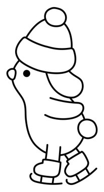 Vector siyah ve beyaz çizgi film Noel buz pateni tavşanı sıcak şapka klipinde. Çocuklar için şirin yeni yıl tavşan çizimi. Kış tatili hayvan tavşanı paten çizgisi ikonu, boyama bezi