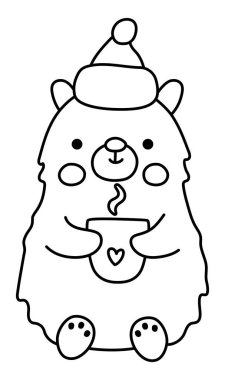 Siyah beyaz karikatür kutup ayısı ya da sıcak şapka takmış sıcak içecek içen beyaz ayı. Noel Hayvanı Klibi. Çocuklar için şirin yeni yıl sembolü. Kış tatili çizgisi simgesi, renklendirme pag