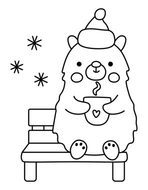 Siyah-beyaz çizgi film kutup ayısı sıcak bir içecek içiyor. Noel hayvanı bankta oturuyor. Çocuklar için yeni yıl illüstrasyonu. Kış tatili çizgisi simgesi, renklendirme pag