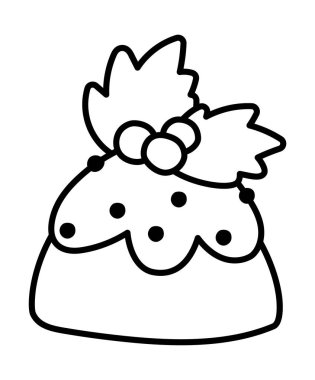 Kutsal yapraklar ve böğürtlenli siyah beyaz Noel pudingi. Yeni yıl pastasının hoş bir çizimi. Geleneksel kış pastası veya tatlı çizgisi simgesi, boyama pag