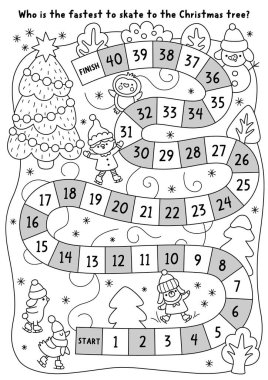 Noel Köyü siyah-beyaz tahta oyunu. Hayvanların ve elflerin patenle köknar ağacına kaydığı oyun. Çizgi yarışları kardan adamla oynanır, penguen. Kış tatili yazdırılabilir etkinlik, renklendirici pag