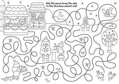 Noel köyü siyah beyaz labirent ve fare markete pasta getiriyor. Çizgideki labirent oyunu hayvanlarla, tatil ziyafetleriyle, karlı manzaralarla. Kış yazdırılabilir etkinlik, renklendirici pag