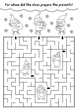 Noel köyü siyah-beyaz geometrik labirent ve elf hayvanlara hediyeler veriyor. Capybara, penguen ve hediyeyle labirent oyunu. Kış tatili yazdırılabilir etkinlik, çalışma kağıdı, boyama bezi