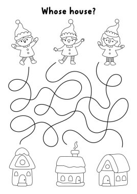 Noel köyü, elfleri ve evleriyle siyah beyaz labirent. Cüceler ve evlerle çizgi labirenti oyunu. Kış tatili basılabilir etkinlik, çalışma kağıdı, boyama sayfası. Cücelerin yaşadığı yer.