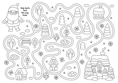 Noel Köyü, Noel Baba 'nın evinin yolunu aradığı siyah beyaz labirent. Peder Frost 'la çizgi labirenti oyunu, karlı ev. Kış tatili yazdırılabilir etkinlik, çalışma kağıdı, boyama bezi
