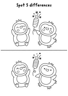 Noel çizgisi çocuklar için farklılıklar buluyor. Penguenlerle kış tatili siyah-beyaz eğitim aktivitesi. Yazdırılabilir çalışma tablosu, Yeni Yılı olan çocuklar için boyama sayfası