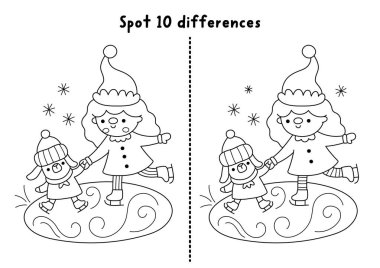 Noel çizgisi farklılıkları bulur. Elf 'in buz pistinde köpek paten öğrettiği kış tatili siyah beyaz aktivitesi. Yazdırılabilir çalışma tablosu, Yeni Yılı olan çocuklar için boyama sayfası