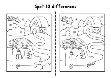Noel çizgisi farklılıkları bulur. Kış tatili siyah-beyaz aktivitesi. Gece eve kuş sürücüsü köknar ağacı. Yazdırılabilir çalışma tablosu, bulmaca, Yeni Yılı olan çocuklar için boyama sayfası