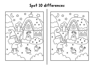 Noel çizgisi farklılıkları bulur. Kış tatili siyah-beyaz aktivitesi. Elf evi ışıklarla dekore edilmiş. Yazdırılabilir çalışma tablosu, Yeni Yılı olan çocuklar için boyama sayfası